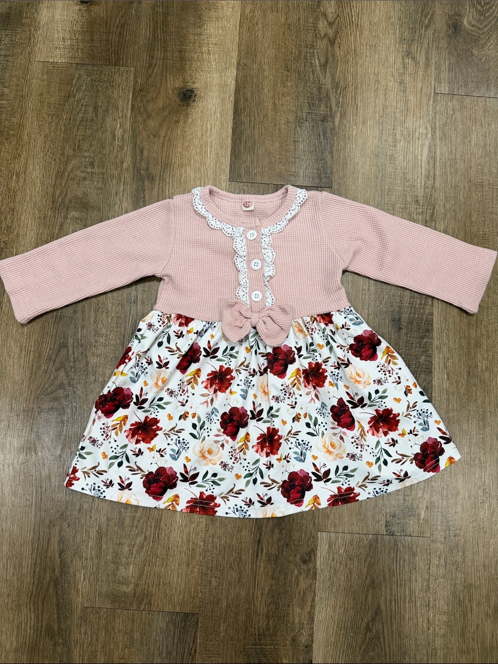 Soft Pink Knit & Floral Bow-Front Girls Dress